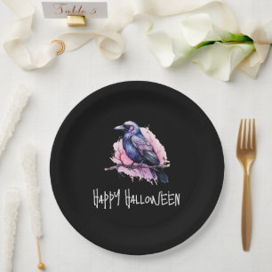 Assiettes En Carton Un Corbeau noir sur une branche Illustration Hallo
