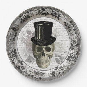 Assiettes En Carton Un crâne fantaisiste dans un chapeau Vintage Hallo