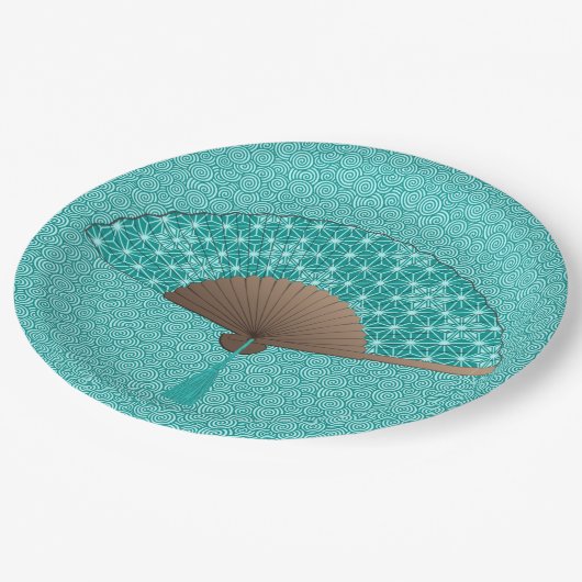 Assiettes En Carton Un fan japonais à Asanoha motif, Turquoise (Angle)