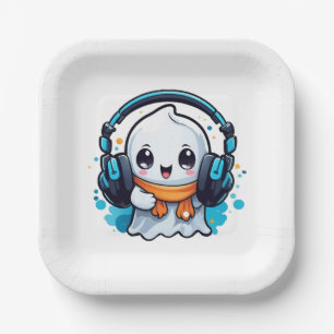 Assiettes En Carton Un fantôme mignon et effrayant avec des écouteurs