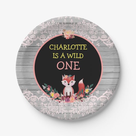 Assiettes En Carton UN Fox mignon sauvage de ęr anniversaire et fleurs (Devant)