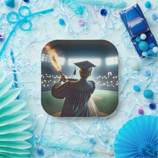 Assiettes En Carton Un garçon diplômé qui balance une chauve-souris de (Fête)