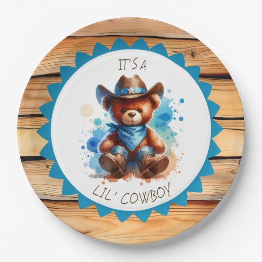 Assiettes En Carton Un garçon | Le Baby shower du garçon Cowboy Teddy (Devant)