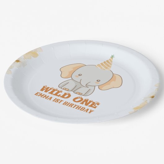 Assiettes En Carton Un joli éléphant sauvage 1er anniversaire (Angle)