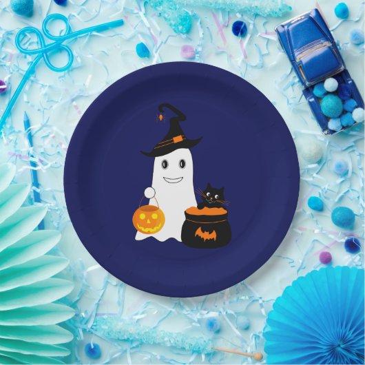 Assiettes En Carton Un joli fantôme avec un chat noir célèbre l'hallow (Fête)