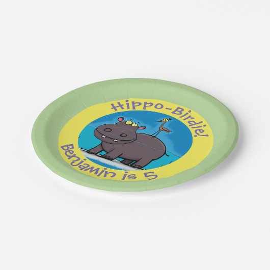 Assiettes En Carton Un joli hippo avec dessin d'anniversaire personnal (Angle)