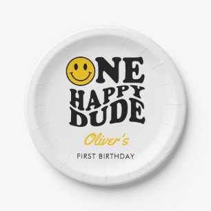 Assiettes En Carton Un joyeux Dude mignon Retro joyeux visage 1er anni