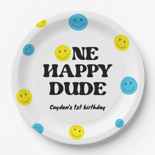 Assiettes En Carton Un joyeux mec souriant visage fête d'anniversaire (Devant)