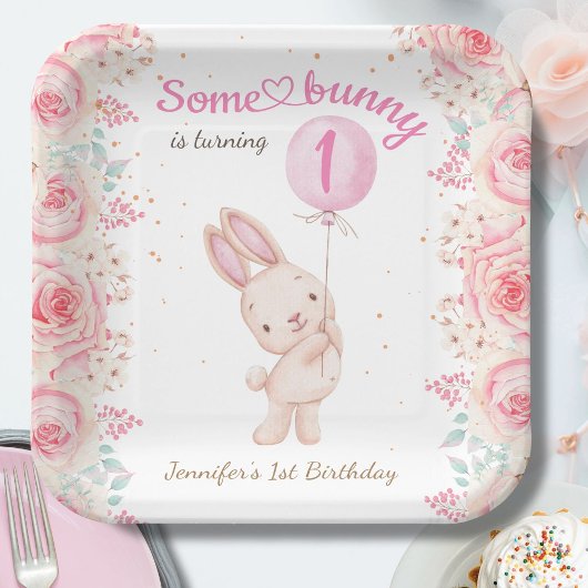 Assiettes En Carton Un lapin est UN ! Fille rose 1er anniversaire