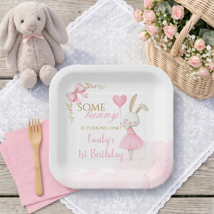 Assiettes En Carton Un Lapin Fait 1 An 1er Anniversaire, Nœud Rose