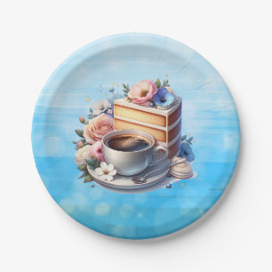 Assiettes En Carton Un morceau de gâteau, une coupe de café et des fle