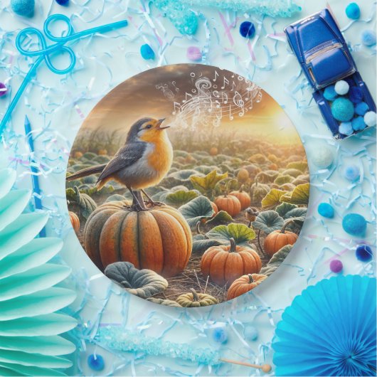 Assiettes En Carton Un oiseau chante sur un Citrouille (Fête)
