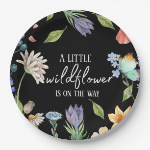 Assiettes En Carton Un petit Baby shower de fille Fleur sauvage Noir