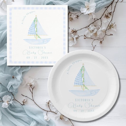 Assiettes En Carton Un petit Baby shower en bateau à voile bleu