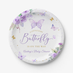 Assiettes En Carton Un petit Baby shower Floral d'or pourpre à papillo