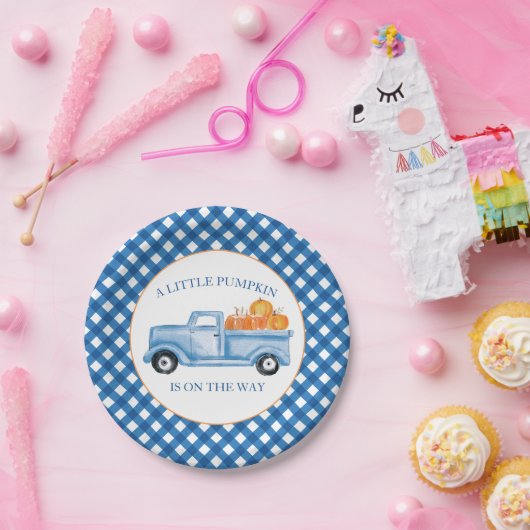 Assiettes En Carton Un petit camion bleu Citrouille baby shower d'auto (Fête)
