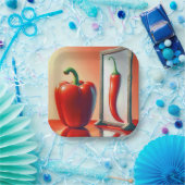 Assiettes En Carton Un poivre rouge regardant dans un miroir (Fête)