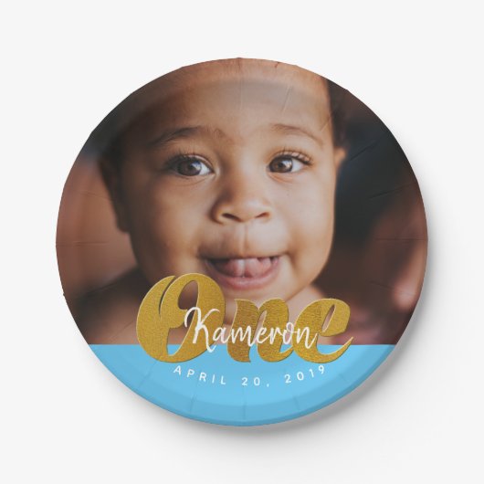 Assiettes En Carton UN| Shimmer l'or|Première photo d'anniversaire (Devant)