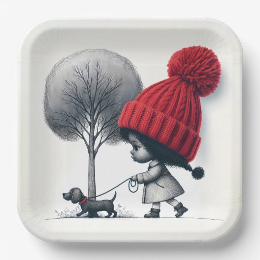 Assiettes En Carton Une fille afro-américaine marche son chien (Recto)