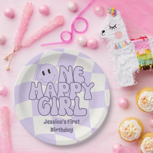 Assiettes En Carton Une fille heureuse premier anniversaire rose (Fête)