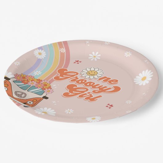 Assiettes En Carton Une fille Super Retro Arc-en-ciel 1er anniversaire (Angle)