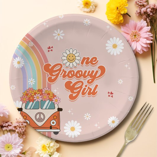Assiettes En Carton Une fille Super Retro Arc-en-ciel 1er anniversaire
