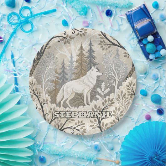 Assiettes En Carton Une forêt d'hiver paisible avec des loups blancs (Fête)