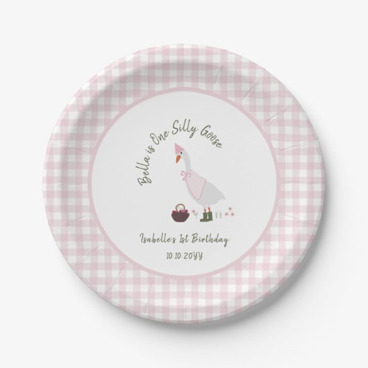 Assiettes En Carton Une oie sotte fille rose En vichy 1er anniversaire (Devant)