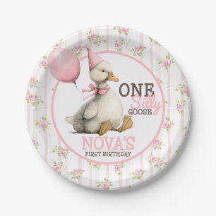 Assiettes En Carton Une oie sotte personnalisée rose 1er anniversaire