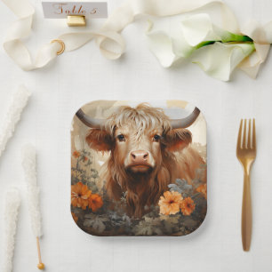 Assiettes En Carton Une série de vaches des Highlands florales Design