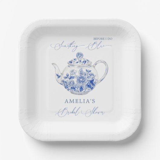 Assiettes En Carton Une théière en toile Fête des mariées bleue (Recto)
