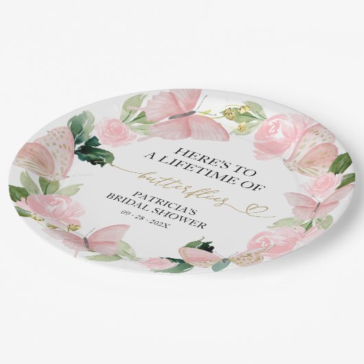 Assiettes En Carton Une vie de papillons Fête de mariage rose (Angle)