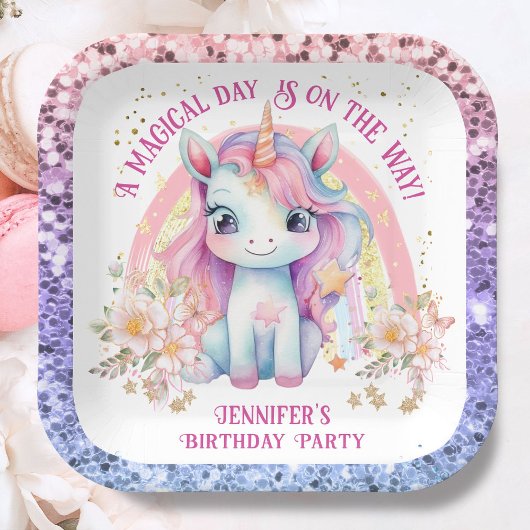 Assiettes En Carton Unicorn Anniversaire fille rose arc-en-ciel Partie