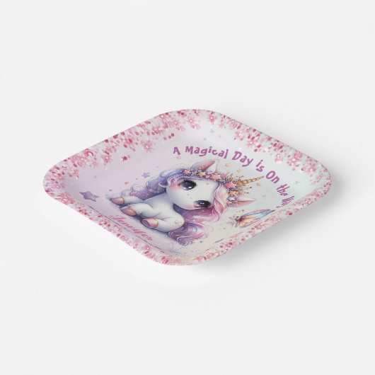 Assiettes En Carton Unicorn Anniversaire Fille Rose Purple Papier (Angulaire)