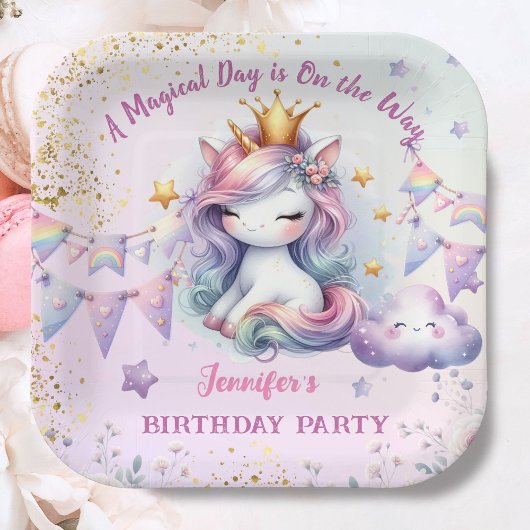 Assiettes En Carton Unicorn Anniversaire Invitation fille rose or pour