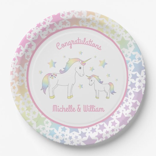 Assiettes En Carton Unicorn Baby shower Pastel Rainbow Cute (Devant)
