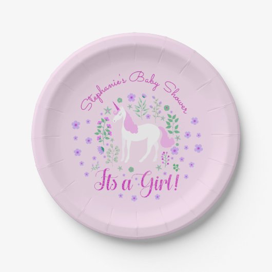 Assiettes En Carton Unicorn C'Est Une Fille Baby shower Rose Personnal (Devant)
