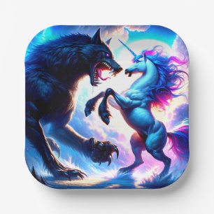 Assiettes En Carton Unicorn Combattre un loup d'argent