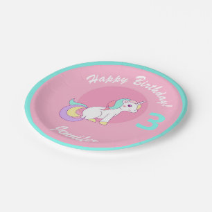 Assiettes En Carton Unicorn Girls Anniversaire rose Nom et âge mignonn