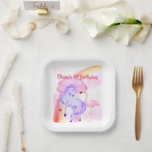 Assiettes En Carton Unicorn Rainbow Flamant rose Girls 1er anniversair