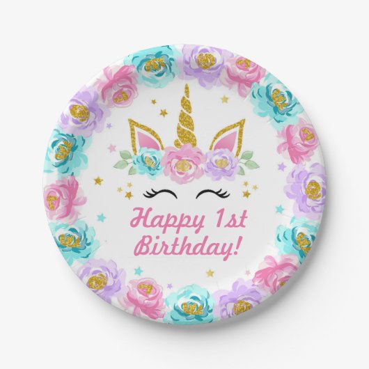 Assiettes En Carton Unicorn Rose Joyeux anniversaire (Devant)