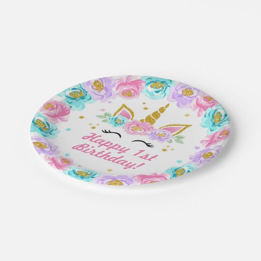 Assiettes En Carton Unicorn Rose Joyeux anniversaire (Angle)