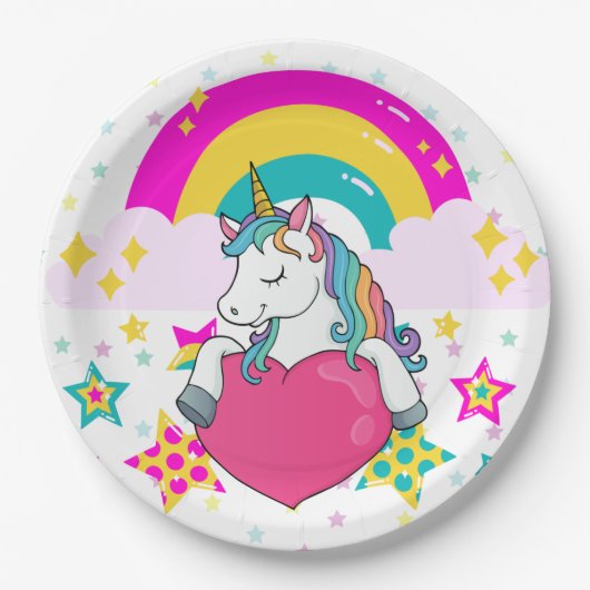 Assiettes En Carton Unicorne arc-en-ciel avec étoiles (Devant)