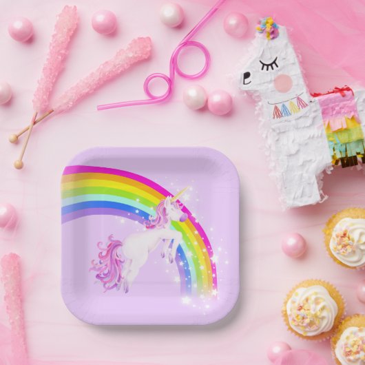 Assiettes En Carton unicorne arc-en-ciel saut ciel violet (Fête)