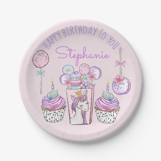 Assiettes En Carton Unicorne "Cake Pops" et "Moon Pies" Fille Annivers (Devant)