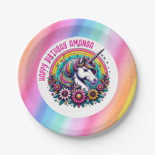 Assiettes En Carton Unicorne colorée et arc-en-ciel Anniversaire perso