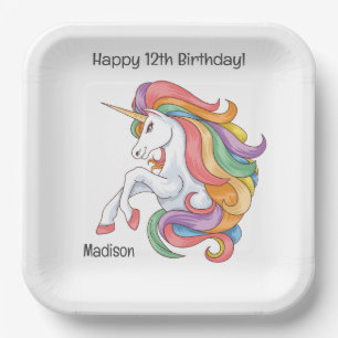 Assiettes En Carton Unicorne couleur nom et texte personnalisé