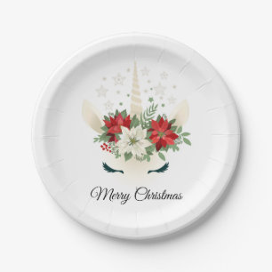 Assiettes En Carton Unicorne de Noël floral Joyeux Noël