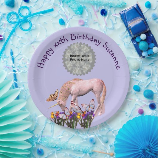 Assiettes En Carton Unicorne Et Papillons Photo Anniversaire (Fête)