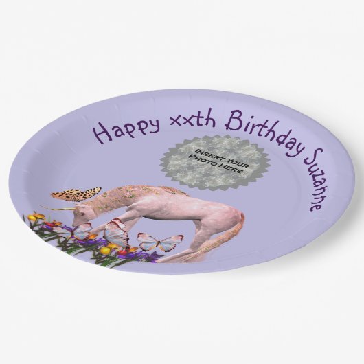 Assiettes En Carton Unicorne Et Papillons Photo Anniversaire (Angle)